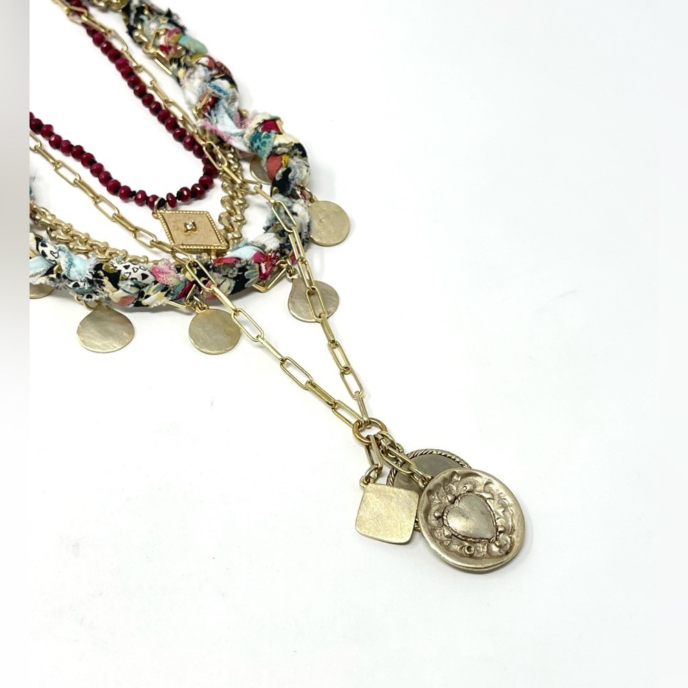 New Anthropologie Aspen Stone Layered Necklace Gold Charm Textile - Picture 6 of 9